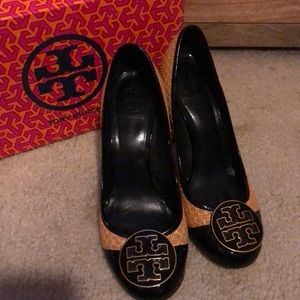Tory Burch heels with gold accent on heel